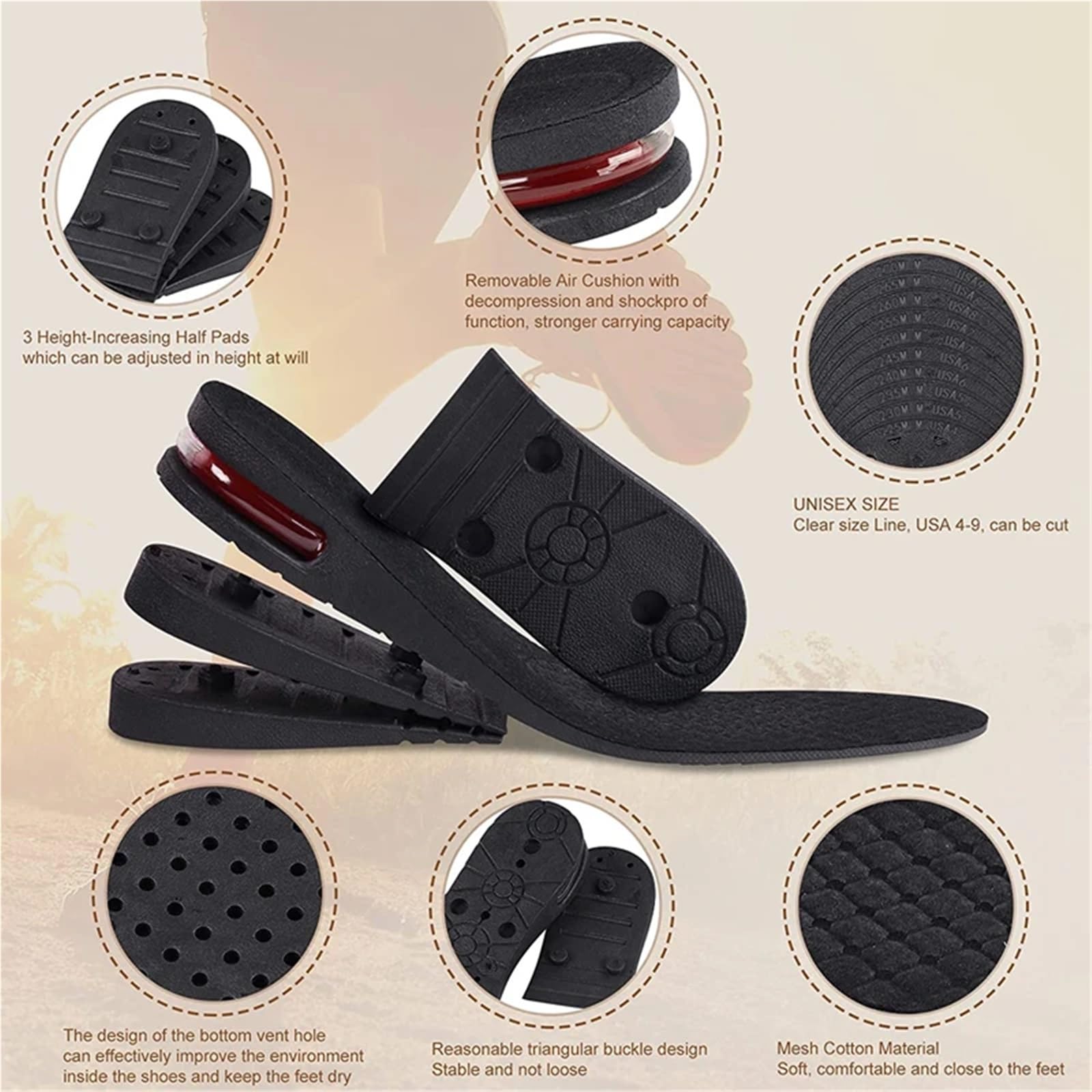 Plantillas Altura Hombre Nueva almohadilla for el pie, plantilla invisible, corte de zapato, inserto talón, soporte más alto, absorción, aumento altura ajustable(9CM)