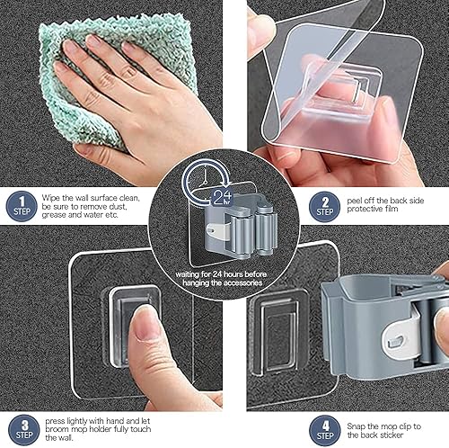 Miniatura 6 de 3-H Paquete de 24 soportes de pared para mopa y escoba soporte de escoba soporte de pared autoadhesivo organizador de escoba para limpieza