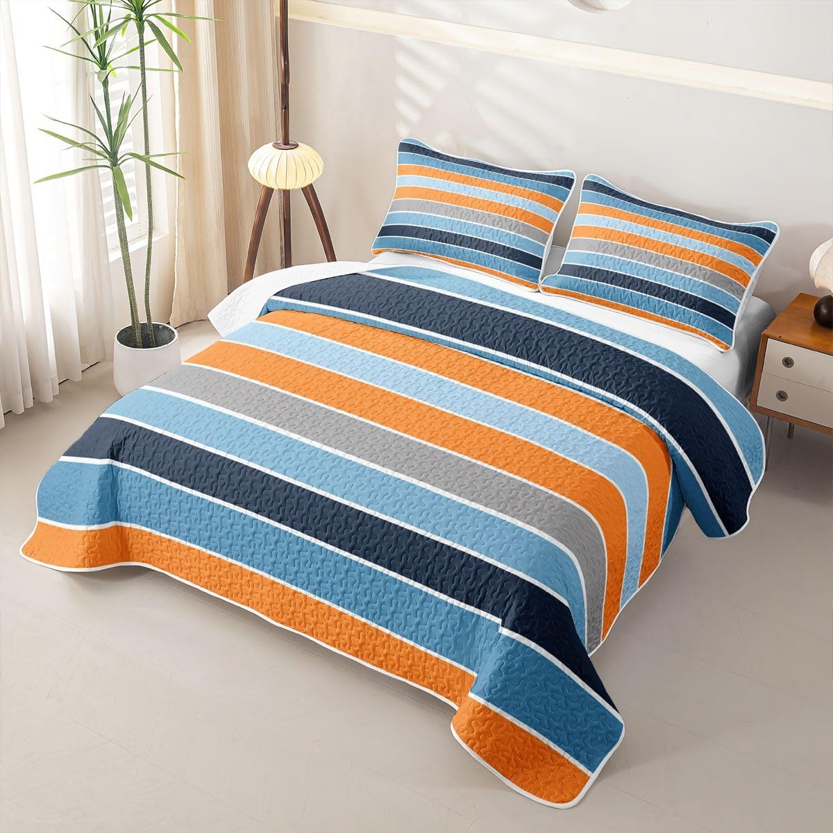 Feelyou Blue Orange Quilt Set 2 Pieces Twin Size Retro Striped Quilted Bedding for All Season Geometric Modern Kids Boys Girls Bedspread Minimalist Coverlet Set with 1 Pillowcase