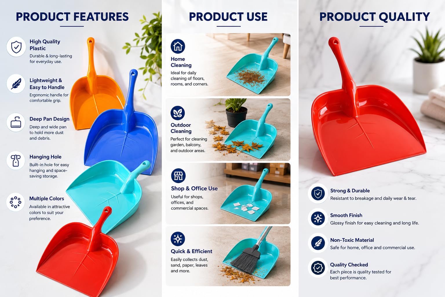 GinoSet® Plastic Unbreakable Dustpan Big Size with Long Handle DUST Collector PAN for Home and Kitchen(Pack of 2 PC) Multi Colors 2