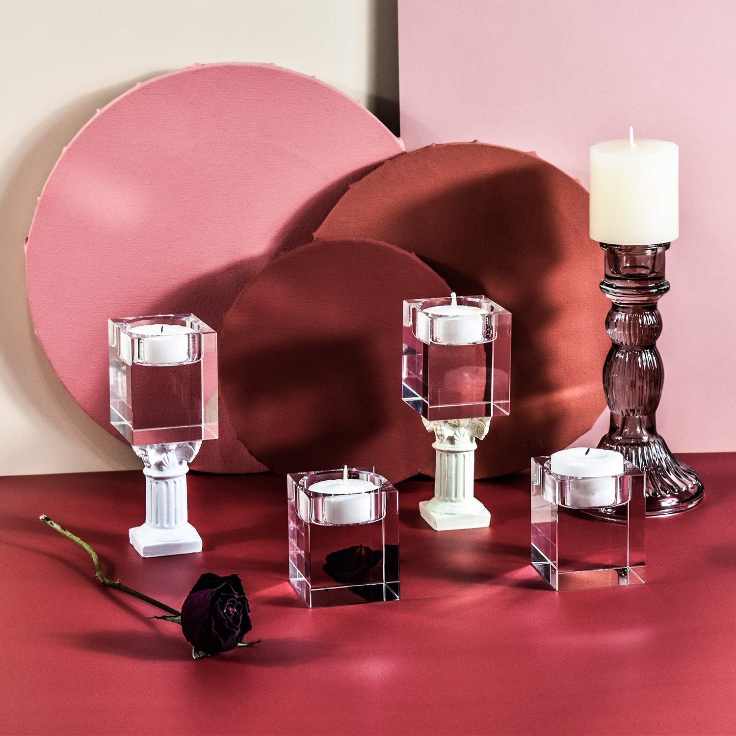 Le Sens Amazing Home Classic Cube Crystal Candle Holder Set of 4 - Solid Square Clear Glass Table Centerpiece - Elegant Votive Tealight Candlestick for Ceremony Wedding & Home Decoration : Home & Kitchen