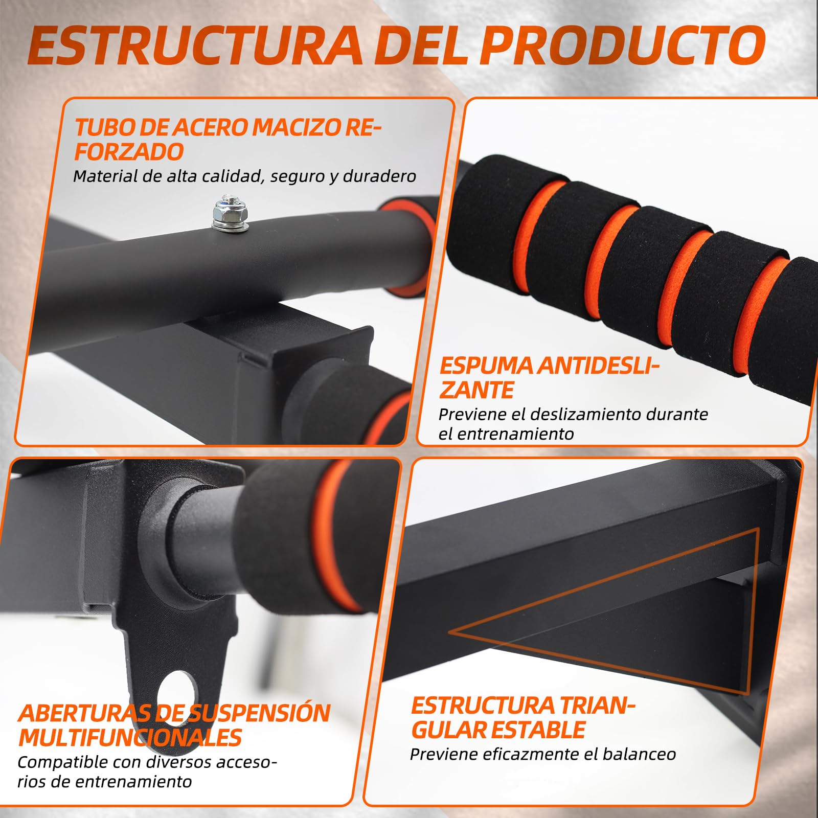 Barra dominadas 5-en-1 pared 250kg – 6 agarres antideslizantes
