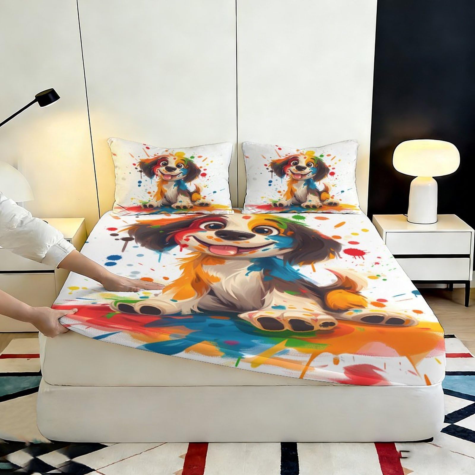 Lenzuolo con angoli con stampa 3D, motivo cani, in microfibra, antiscivolo | morbido, coprimaterasso, facile da pulire, traspirante, lavabile in lavatrice, 160 x 200 x 25 cm