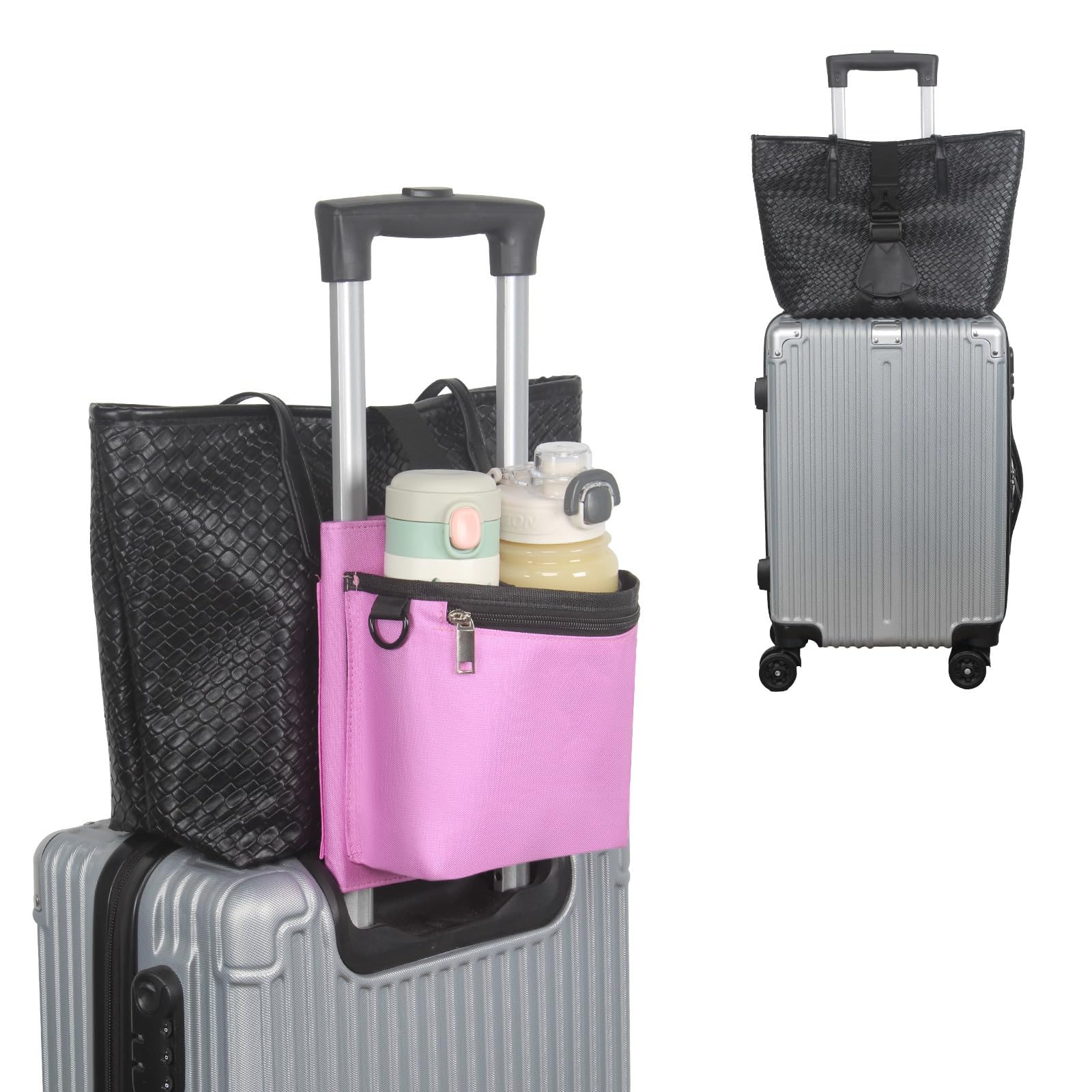 Bokelai Luggage Travel Cup Holder with Luggage Straps (20oz/24oz/ diameter less than 3.15") Free Hand Drink Caddy Beverage Holder Travel Accessories Gift Fits Roll on Suitcase Handles Pink