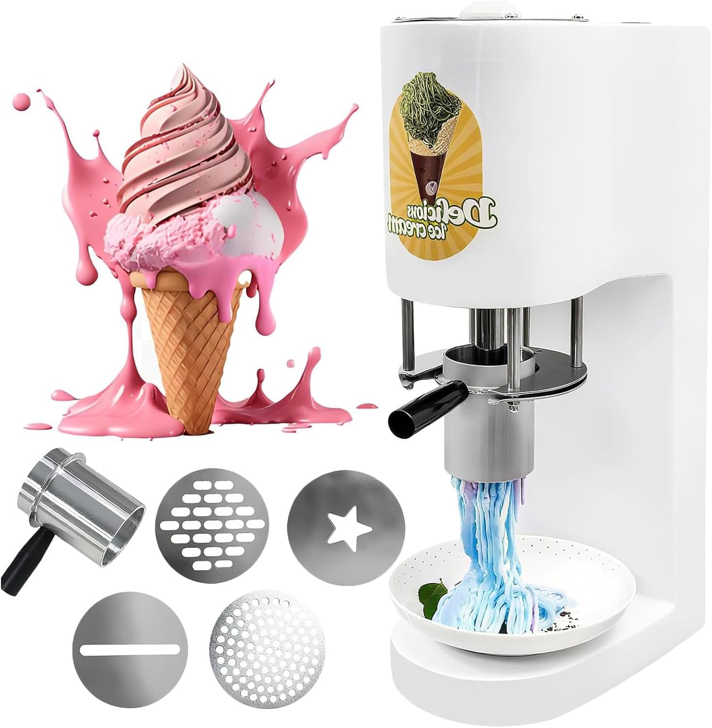 Commercial Spaghetti Ice Cream Maker, 80W Ice Cream Noodle Maker with 4 Noodle Shape Molds, 7.4-7.9 Gal/Hr Ice Cream Extruder, Professional Spaghetti Ice Cream Press Machine for Shops