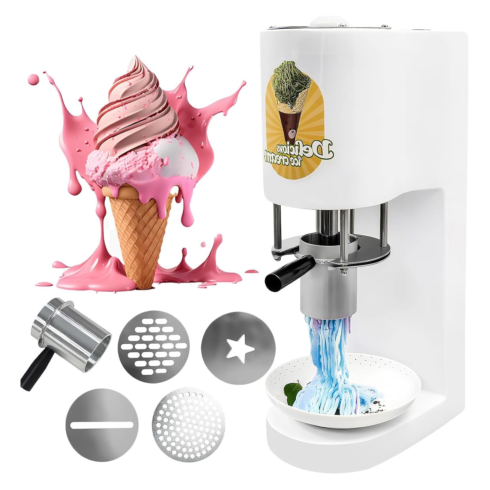 LYJIANGXIN Commercial Soft Serve Spaghetti Ice Cream Machine, 80W Electric Ice Cream Noodle Maker with 4 Molds, High Efficiency Dessert Extruder for Restaurants