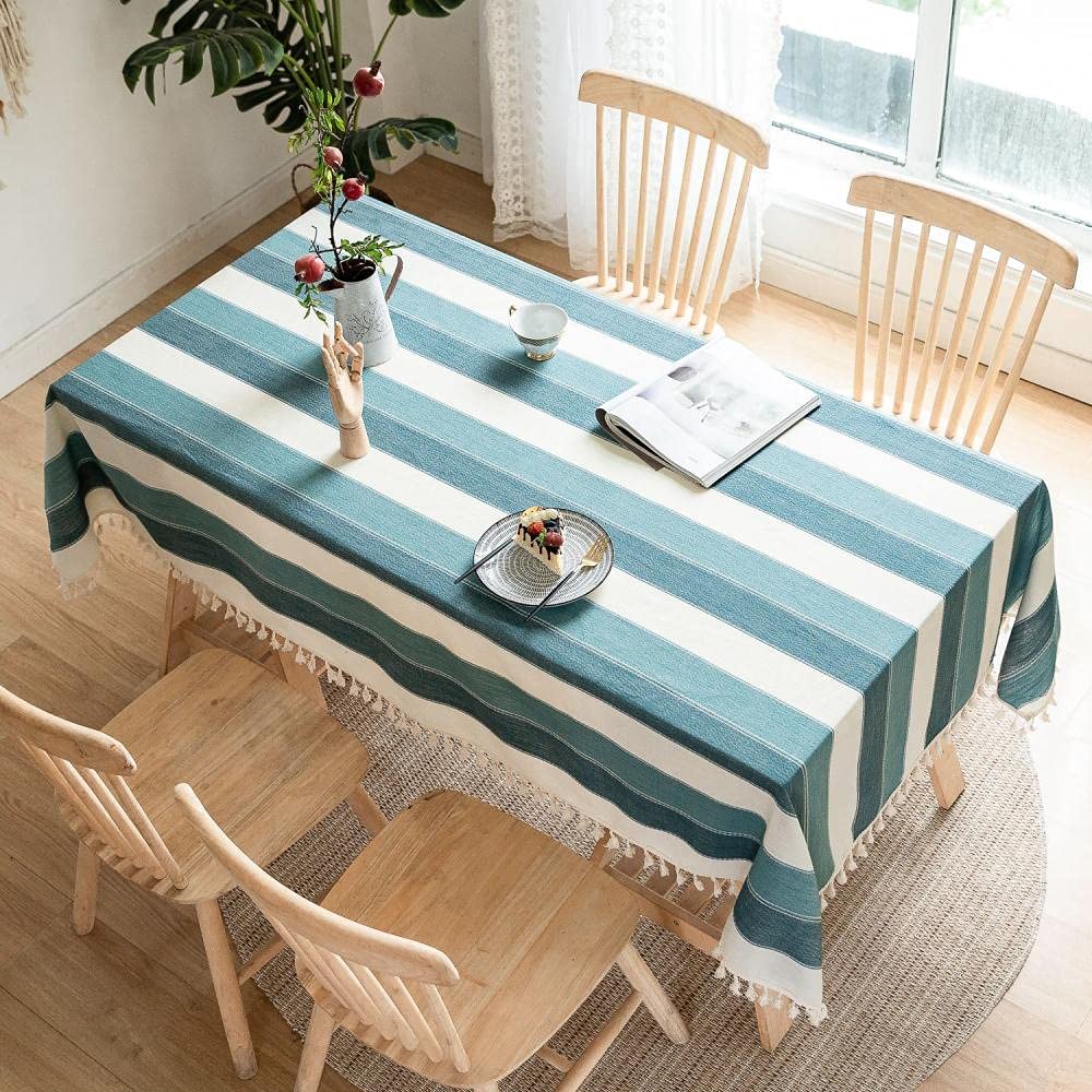 Linge De Table 1 Pièces Nappe À Rayures Coton Et Lin Gland Machine À Laver Cache-Poussière Table Basse Couverture Serviette Nappe Bleu Clair 140X360Cm