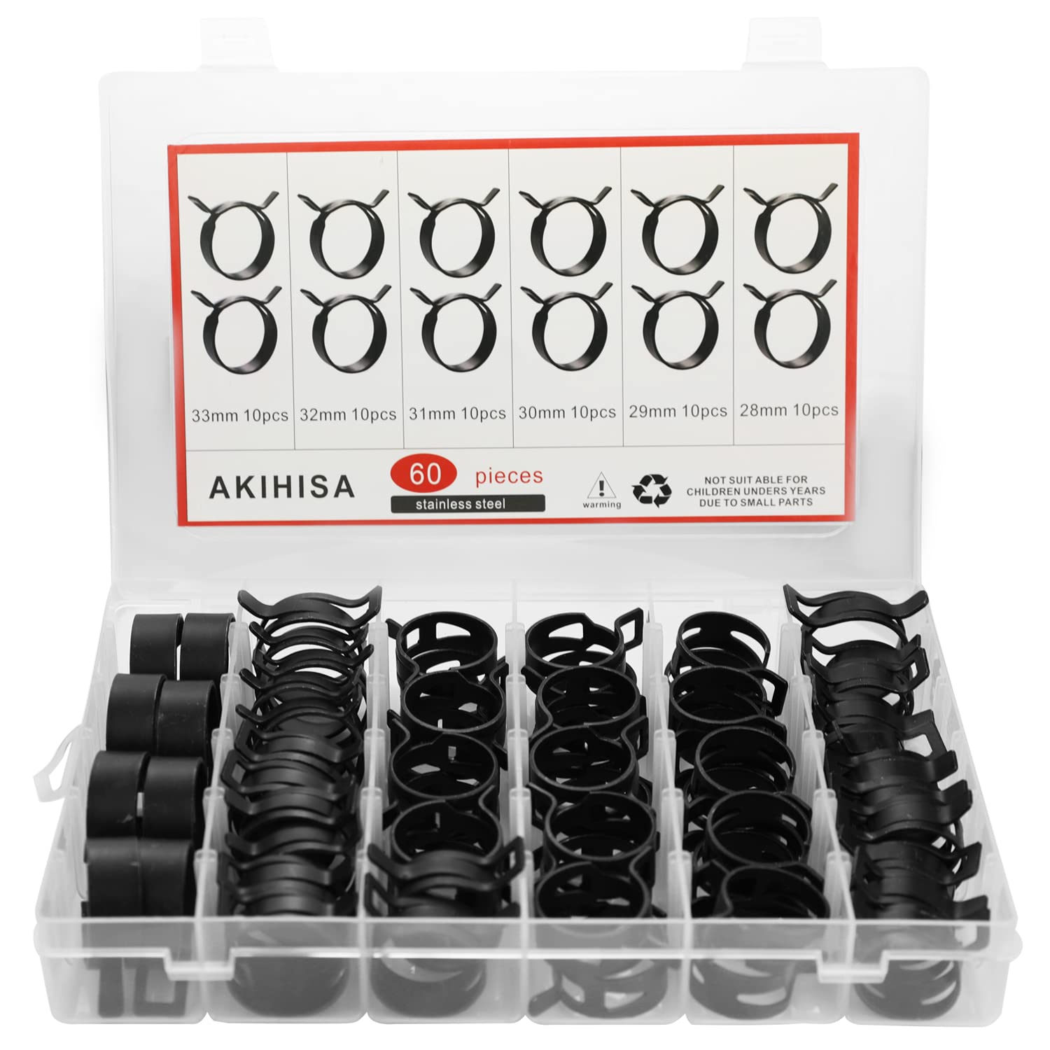 AKIHISA 60 Pcs 28-33mm Spring Hose Clamp, Spring steel 65Mn Fuel Hose Clamp, 6 sizes for Silicone Vacuum Fuel Oil Hose Line Clamps