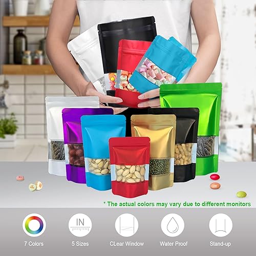 Miniatura 6 de 120 bolsas de Mylar a prueba de olores de 5.9 x 8.6 pulgadas para el almacenamiento de alimentos, bolsas de Mylar resellables de pie con ventana