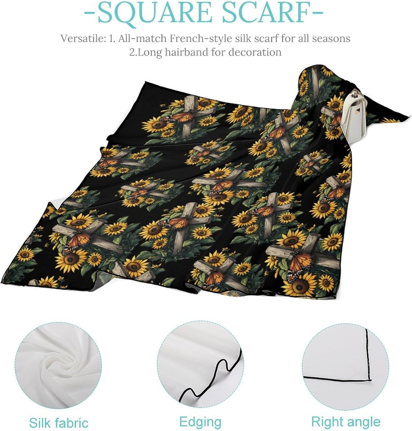 Butterfly Sunflower Crosss God Christian Bandana Fashion Head Scarf Square Silk Scarf Print Neck Hair Scarfs for Women Men Gifts