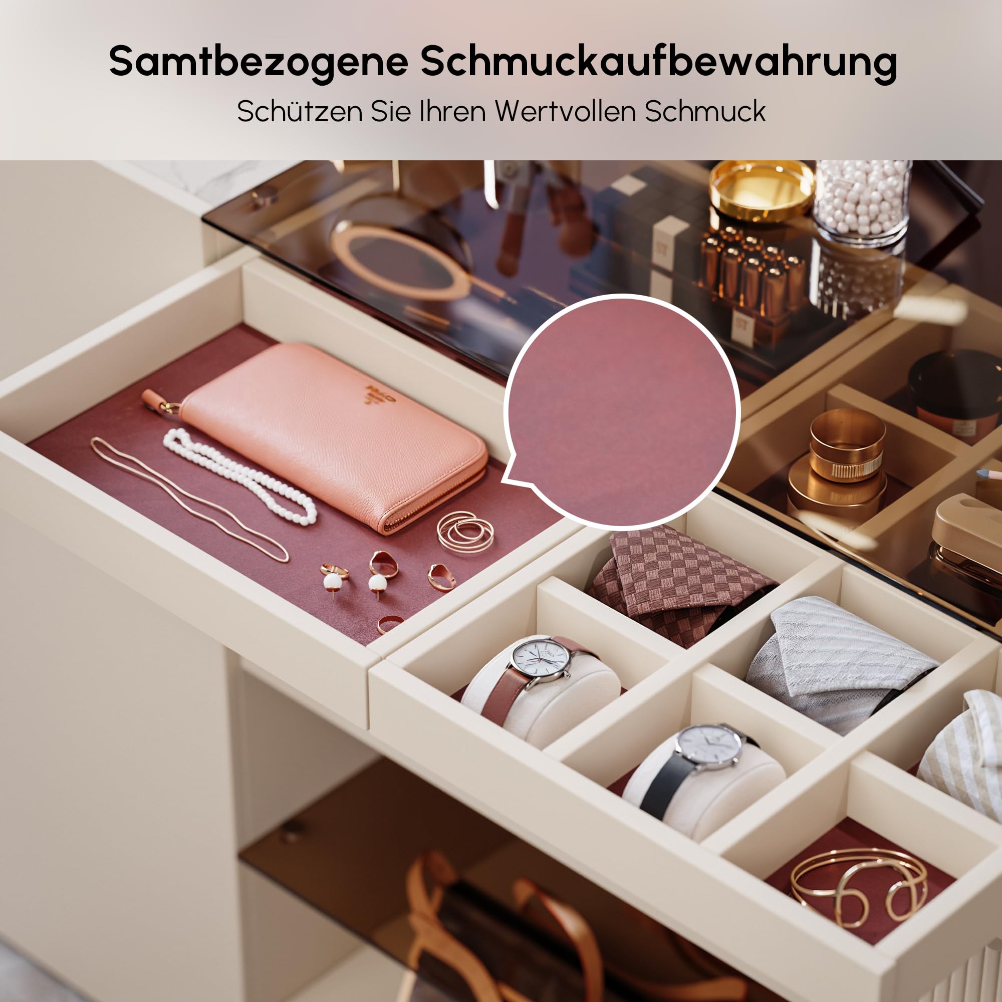 Homary 60 Zoll Insel Schmuckkommode mit Sinterstein & Glasplatte, 2 Schmuckfächern, 4 Schubladen, Türen & Regalen für begehbaren Kleiderschrank