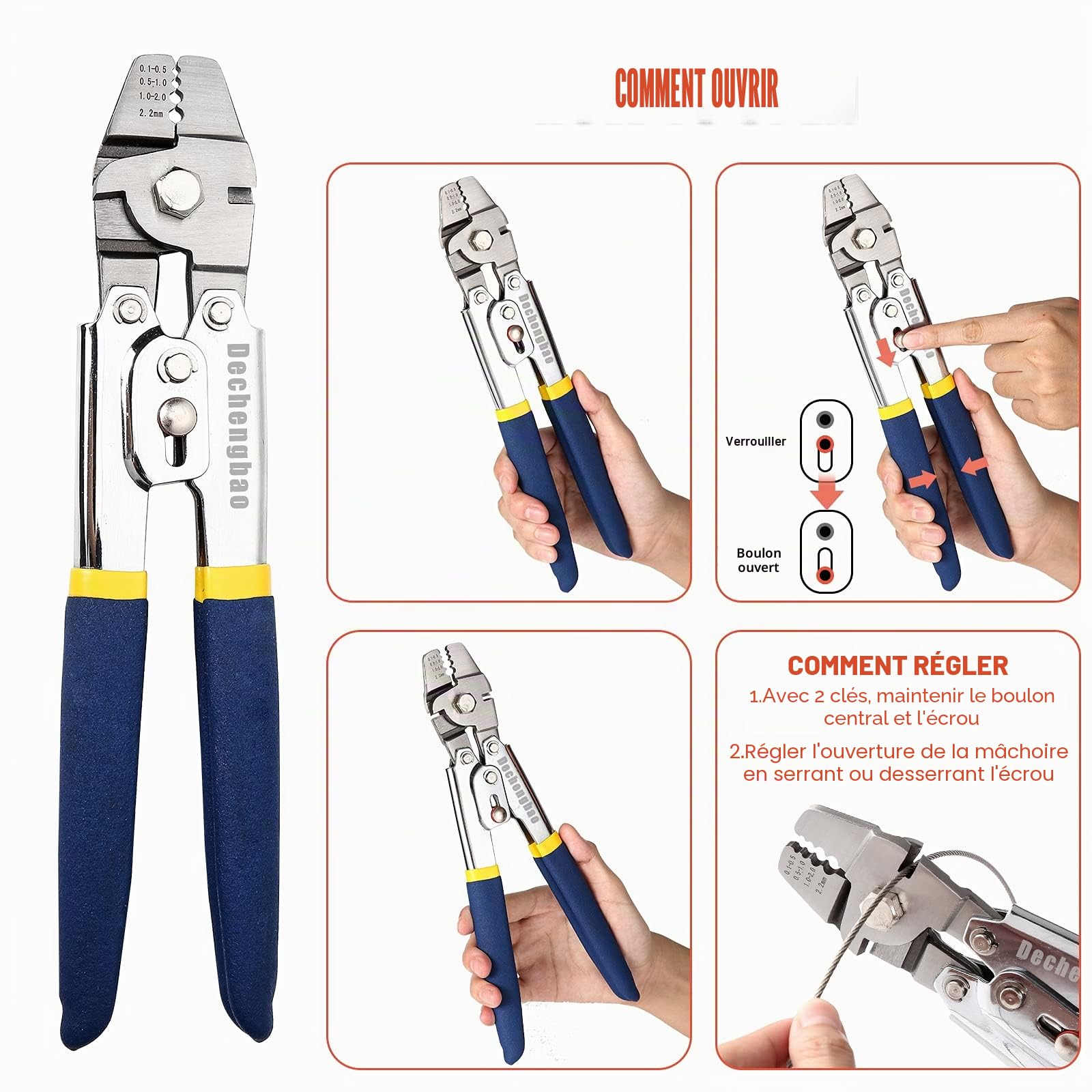 Sertisseur de câble métallique pour sertir les lignes de pêche jusqu'à des outils de sertissage de 2,2 mm, outil de sertissage de câble métallique en acier inoxydable Dechengbao Heavy Duty