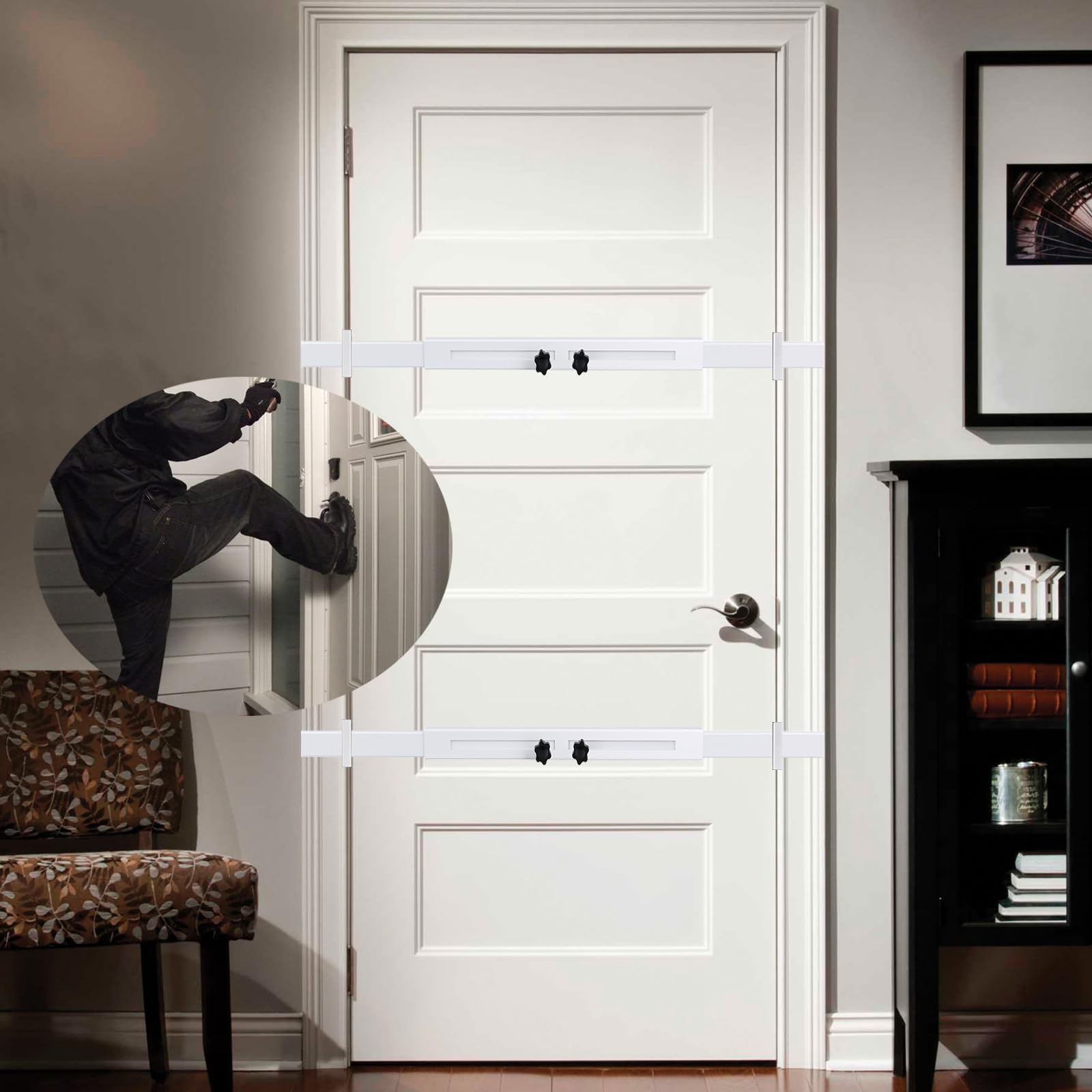Barra de seguridad para puerta (blanco, resistente), uso como barra de seguridad para puerta, cerradura de refuerzo de puerta, protege la seguridad de toda la puerta. Se adapta a puertas de 76-99 cm