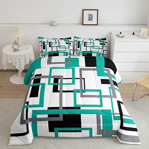 Erosebridal Juego de edredón cuadrado para adolescentes y jóvenes, juego de ropa de cama negro, blanco y azul, juego de edredón geométrico moderno