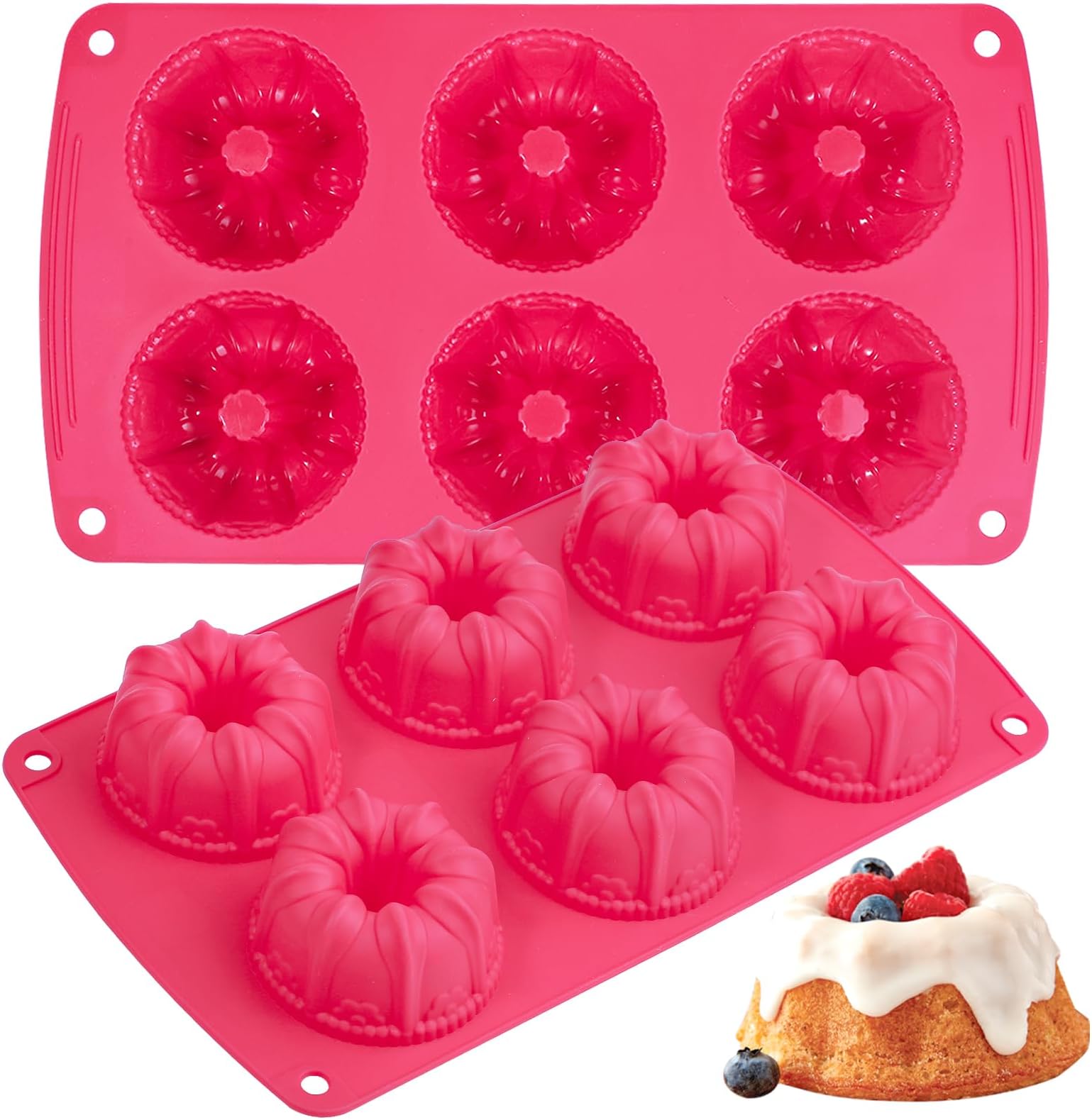 webake Mini Ring Cake Tin Silicone Savarin Cake Moulds 2 Pcs 6 Cavity 7.5 cm Fluted Tube Cake Pan for Savarin Kugelhopf Baking Tray