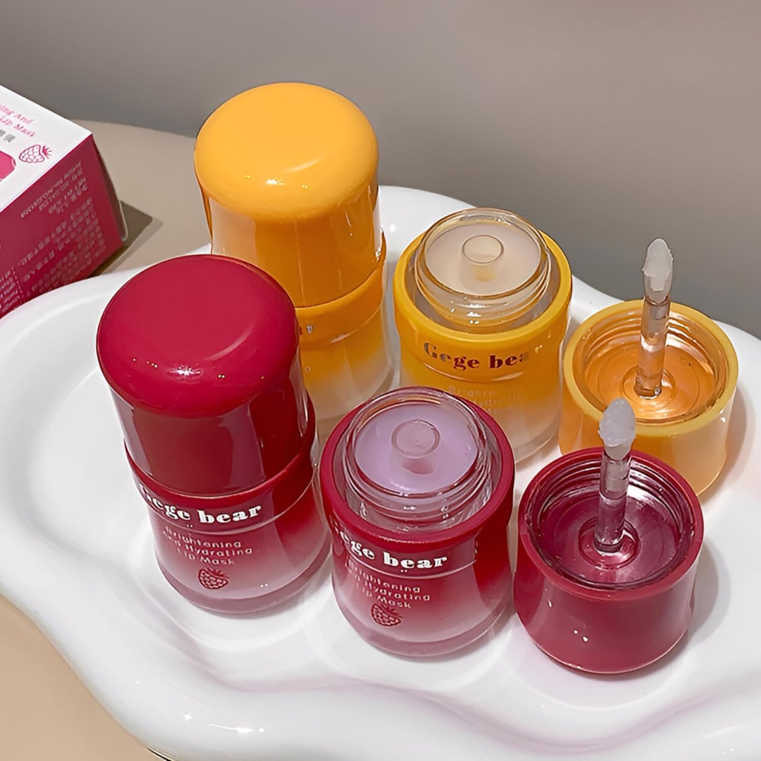 Gege Bear Brightening And Hydrating Lip Mask | Overnight Sleeping Mask for Dry Cracked Lips | Strawberry Pink & Honey Yellow | Reduces Dark Pigmentation & Repairs Chapped Lips | Glossy Finish Balm with Doe-Foot Applicator | Perfect for Women Girls Gen Z (01#Strawberry Pink, 5.2g)-image-16