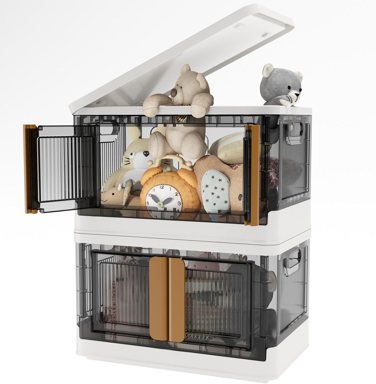 Storage Bins with Lids - Collapsible Storage Bins,Clear Black Wardrobe Closet Organizer,76Quart Stackable Storage Bins,Foldable Plastic Storage Container with Door,Crate for Book Storage Grey 19Gal-2 Packs