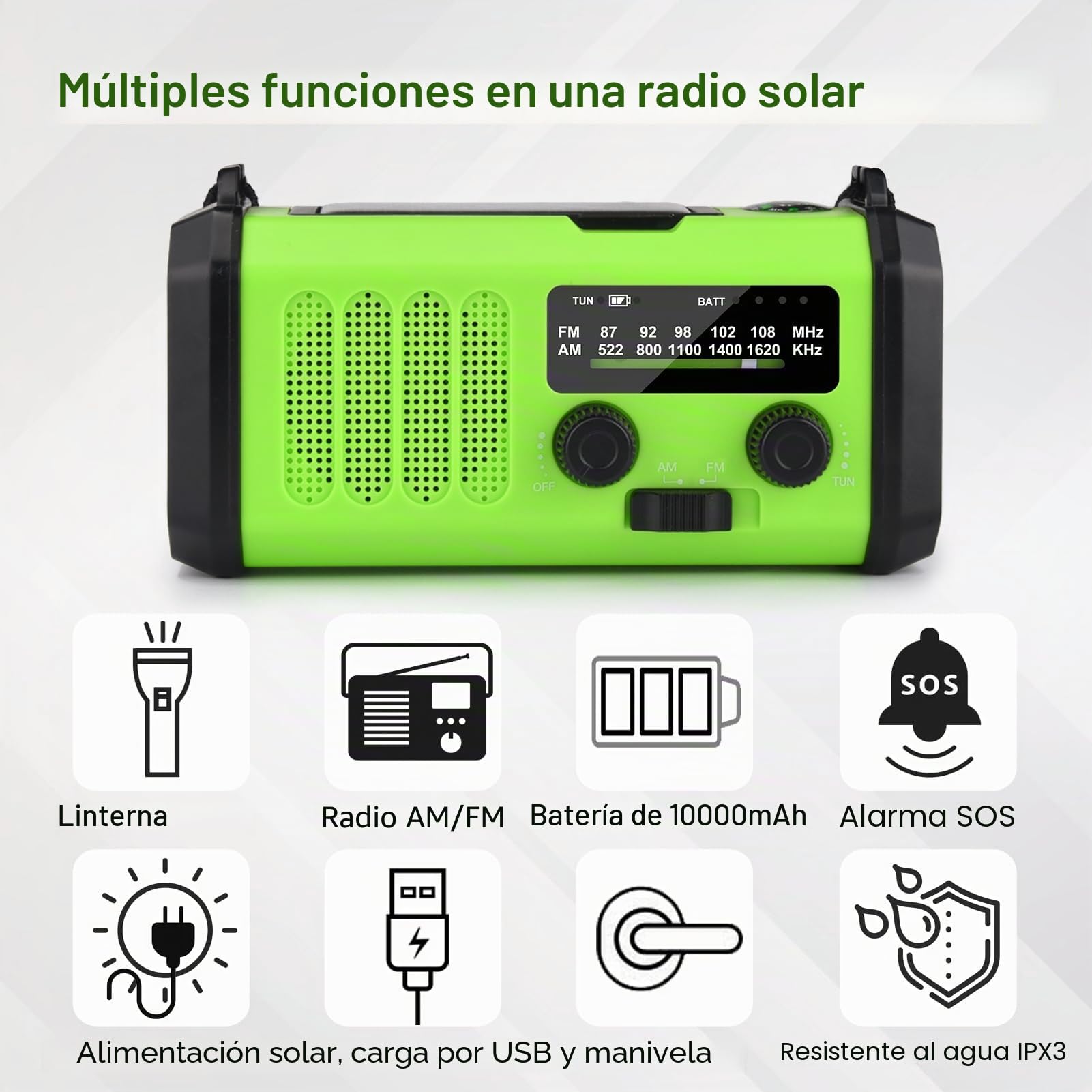 Radio Solar portátil de 10000 mAh, Radio de Emergencia Am/FM con batería Recargable de 10000 mAh, Linterna LED de 3 Modos, lámpara de Lectura LED, Alarma SOS, Dinamo de manivela y Puerto USB para
