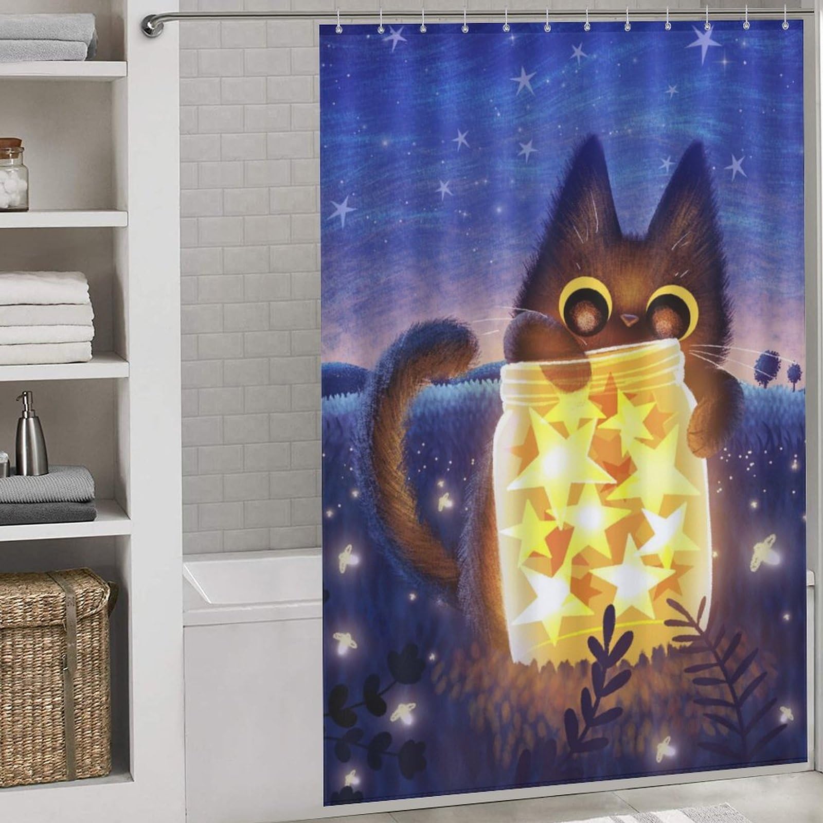 Rideaux de douche chat et étoiles 143x180cm lavables avec 12 crochets