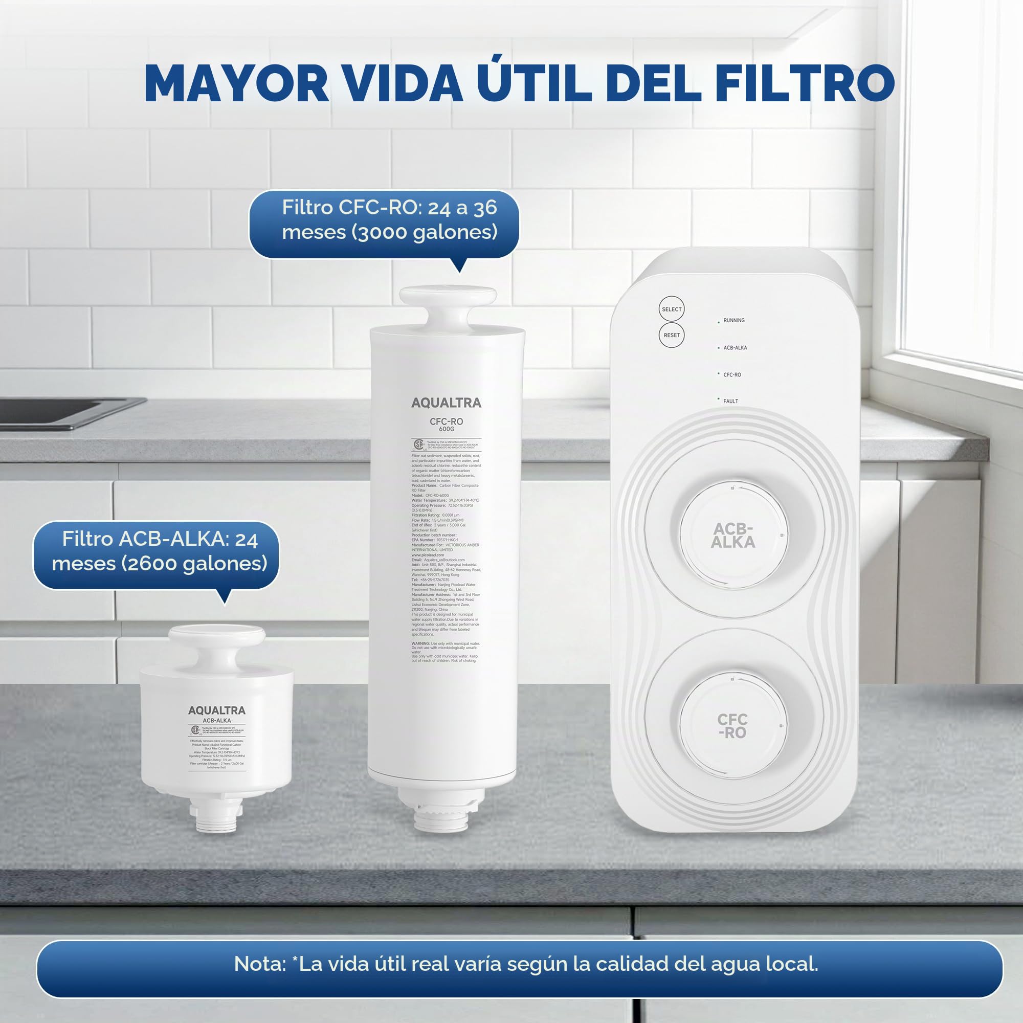 AQUALTRA USF-AR-600 Sistema de ósmosis inversa debajo del fregadero, sistema RO alcalino sin depósito 10 etapas, certificado NSF/ANSI/CAN372, 600GPD, relación purín/drenaje 3:1, grifo LED inteligente