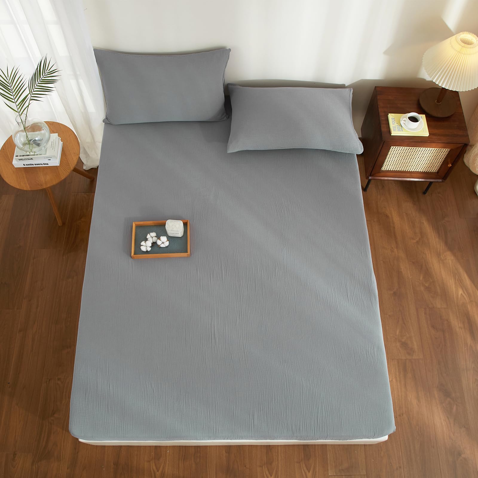 Boqingzhu Muslin Baumwolle Spannbettlaken 180x200cm Grau Dunkelgrau Anthrazit Atmungsaktiv Weich Hautfreundlich Spannbetttuch Bettlaken für Matraze bis 30cm Boxspringbett Topper