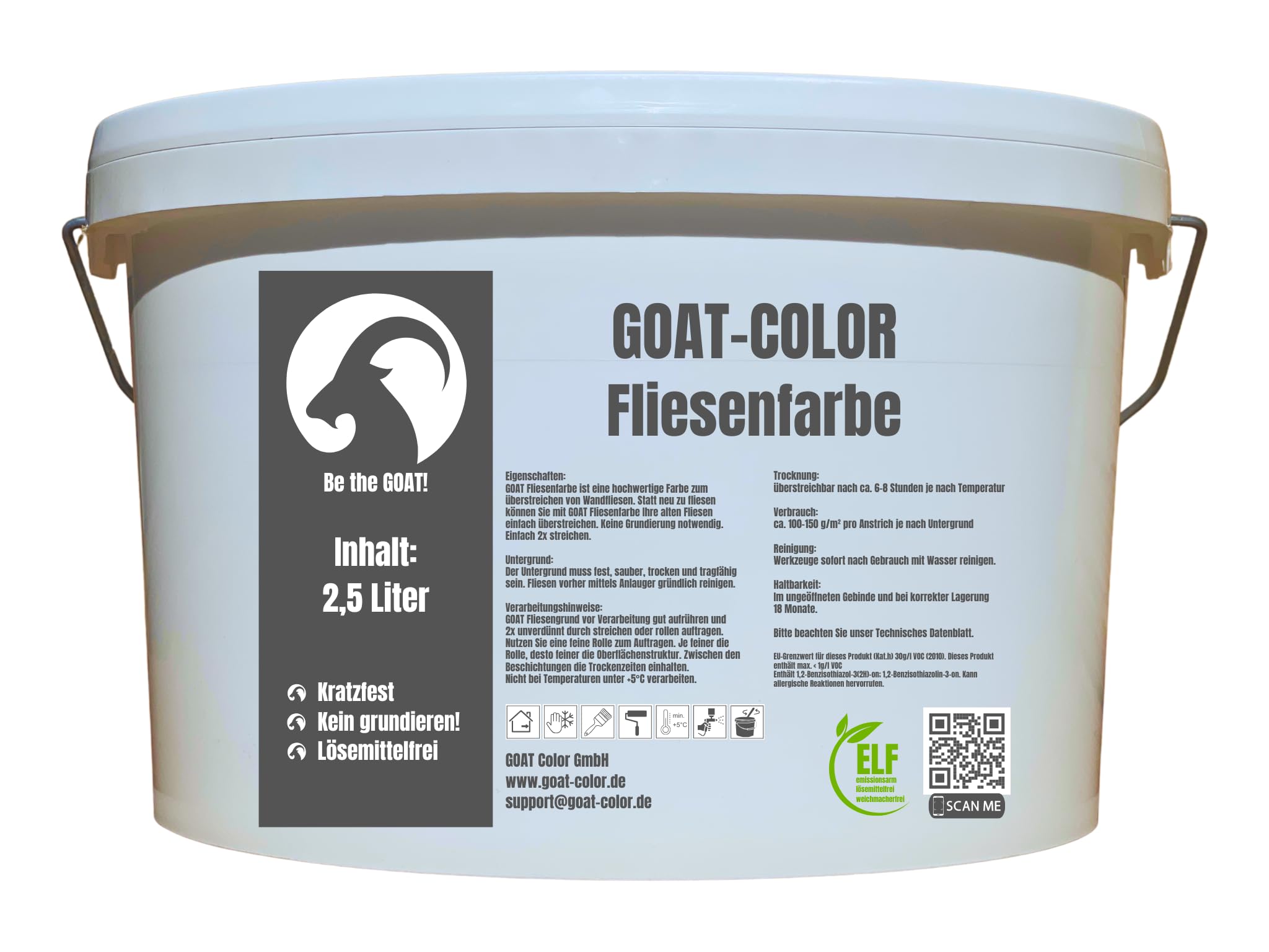 GOAT Fliesenfarbe Matt 2,5 Liter – Weiß – Fliesenlack für Wandfliesen – Kratzfest & deckend – Ideal für Küche & Bad