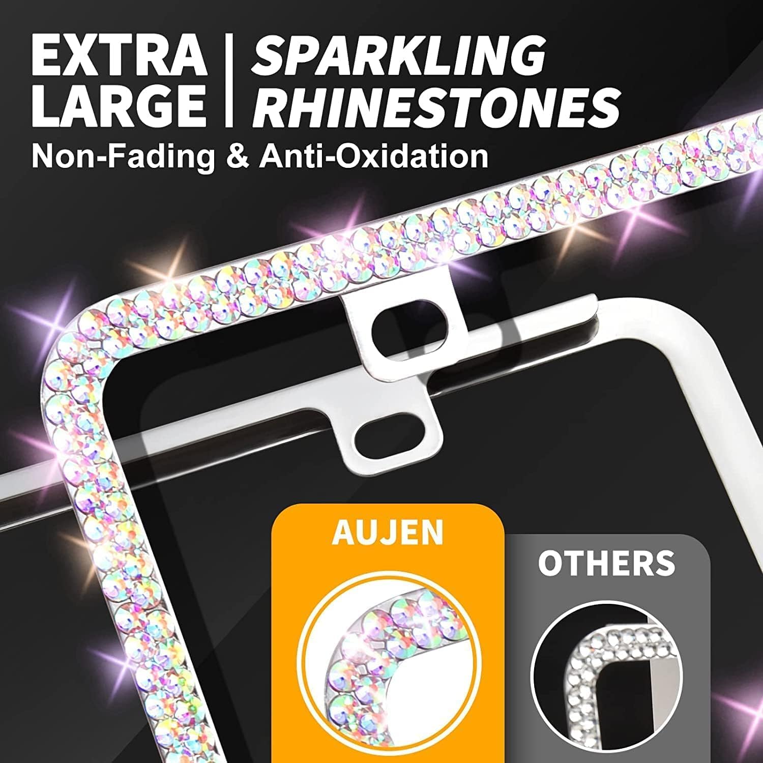 Aujen Bling License Plate Frames 2 Pack, Stainless Metal License Plate Covers, Obstruction-Free & License Plate Frame for Women, Sparkly Rhinestone License Plate Frame Colorful with Gift Box