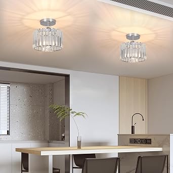 ZYDTRIP Crystal Ceiling Light Fixture Semi Flush Mount Ceiling Lamp Modern Silver Crystal Chandelier for Living Room Hallway Dining Room Kitchen