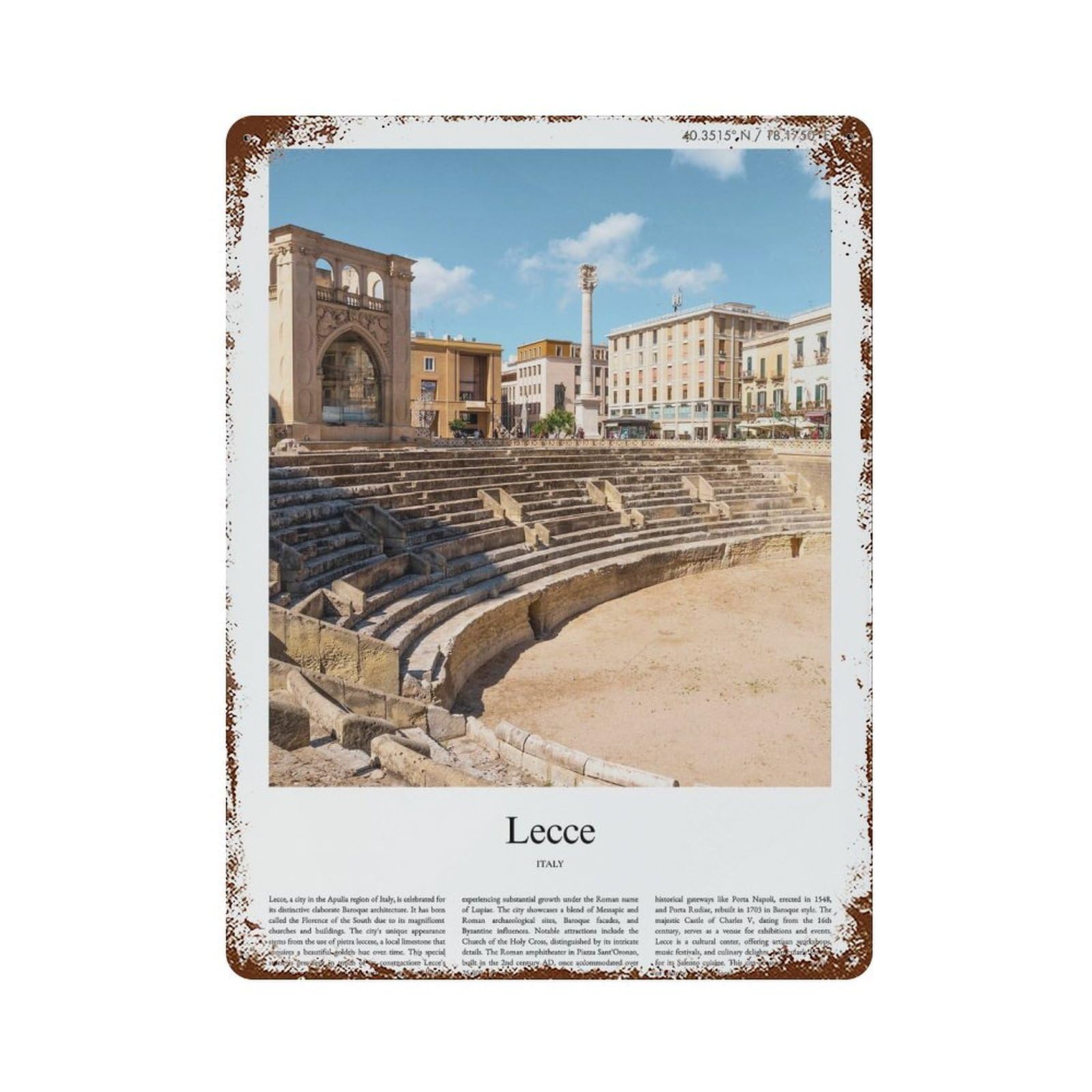 xiaoxiaoshen Lecce Italy City Scenery Wall Decor Art Metal Tin Poster Modern Home Decor Art Home Bar Shop Decorations Vintage Sign 40x30cm