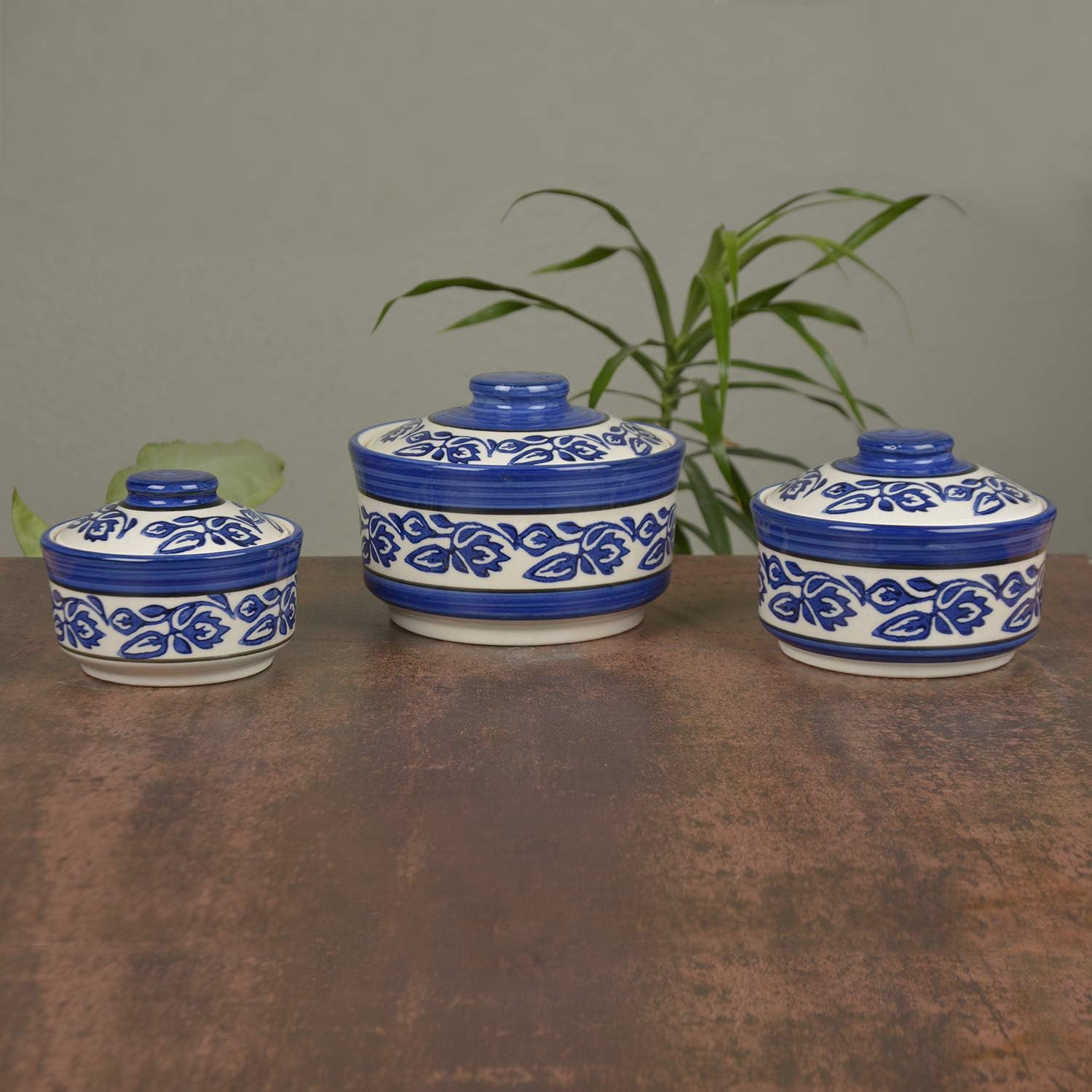 StyleMyWay Studio Pottery Handpainted Serving Donga Casserole Set (Set of 3, Blue) | Dinner Serving Set | Stackable Kitchen Bowl Set
