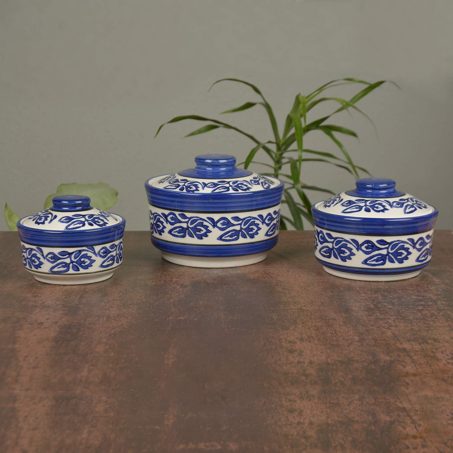 StyleMyWay Studio Pottery Handpainted Serving Donga Casserole Set (Set of 3, Blue) | Dinner Serving Set | Stackable Kitchen Bowl Set