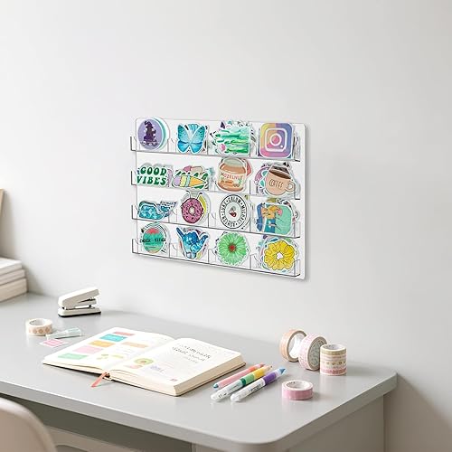 Miniatura 7 de Organizador de exhibición de calcomanías montado en la pared, estante de acrílico transparente de 16 bolsillos, fácil de instalar para calcomanías,