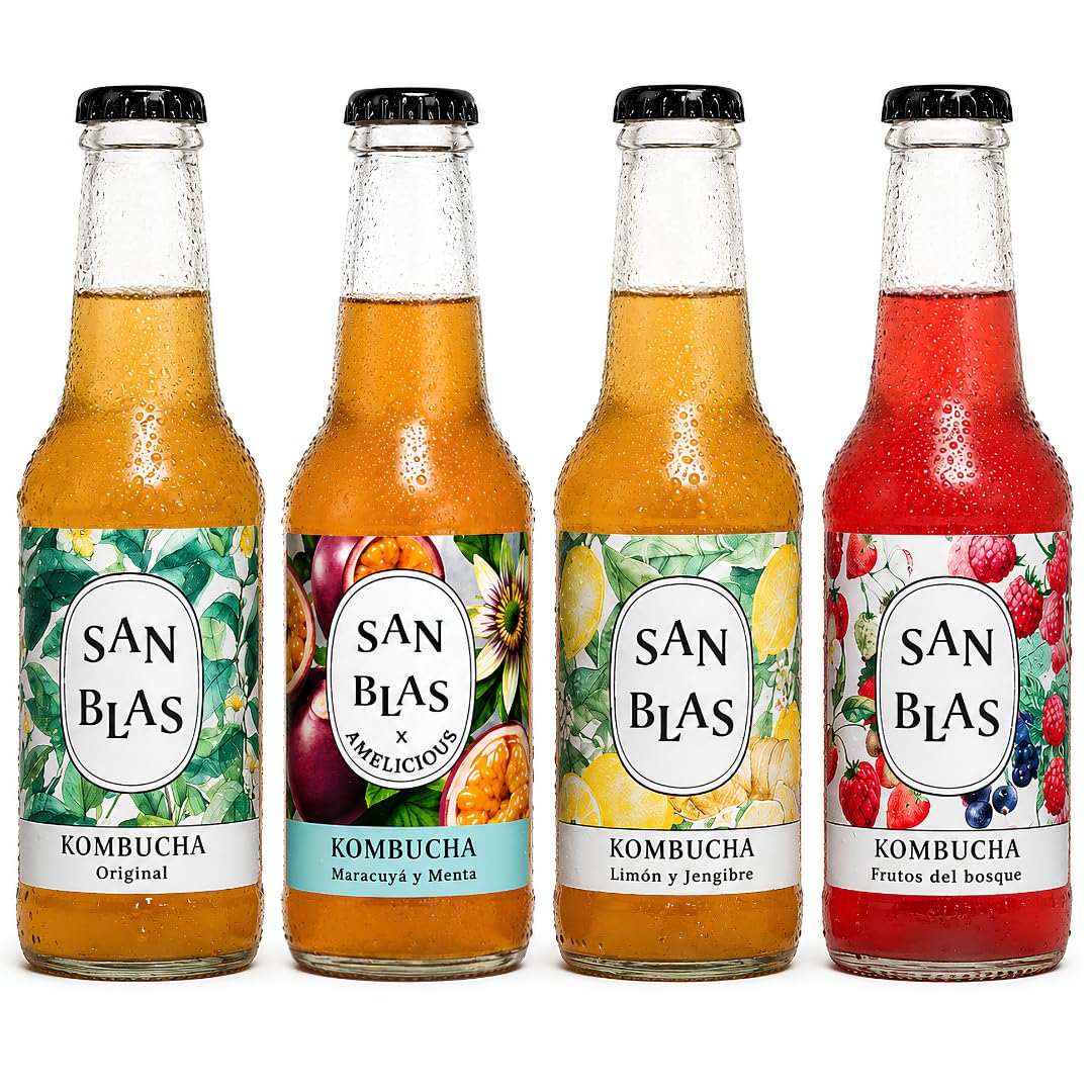 San Blas® Kombucha Ecologica Sin Azucar | Pack 12 Botellas x 250 ml | Kombucha Natural Sin Pasteurizar 4 Sabores | Bebida Viva de Té Fermentado Artesanal con Probióticos Naturales