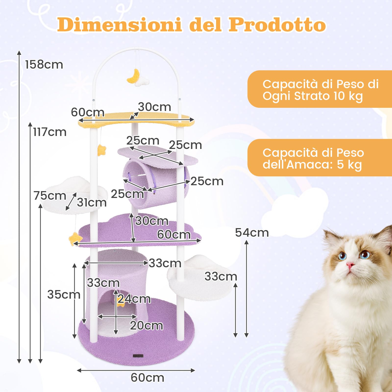 COSTWAY Tiragraffi per Gatti 158cm, Albero per Gatti con Multi Livelli, Struttura in Metallo, Trespolo Superiore e Piattaforme per Salti, Torre per Animali Interno, Viola, Bianco e Giallo