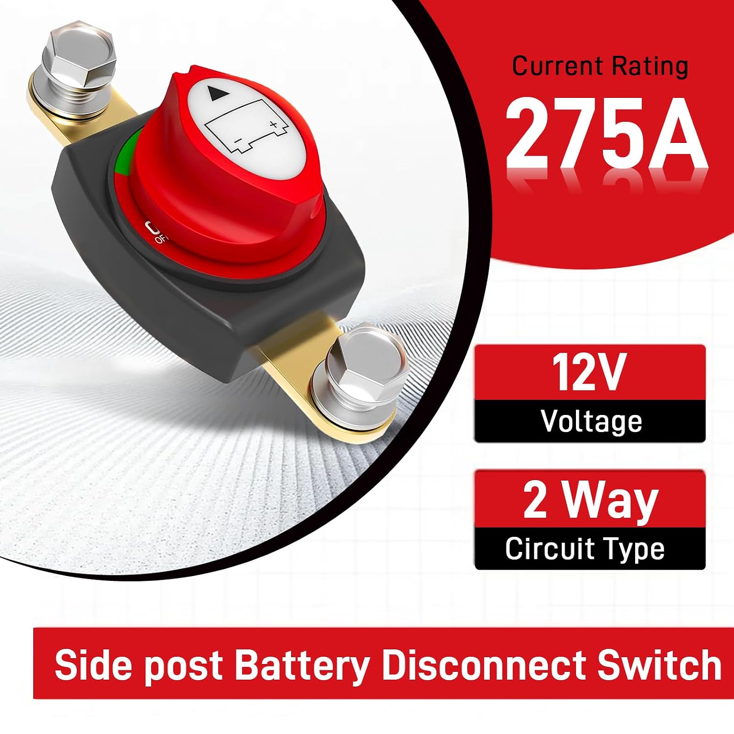 Battery Disconnect Switch, On/Off Side Post Battery Switch 275A 12-48V Power Cut Master Disconnect Isolator for Car Vehicle RV and Boat, Negative Pole on/Off