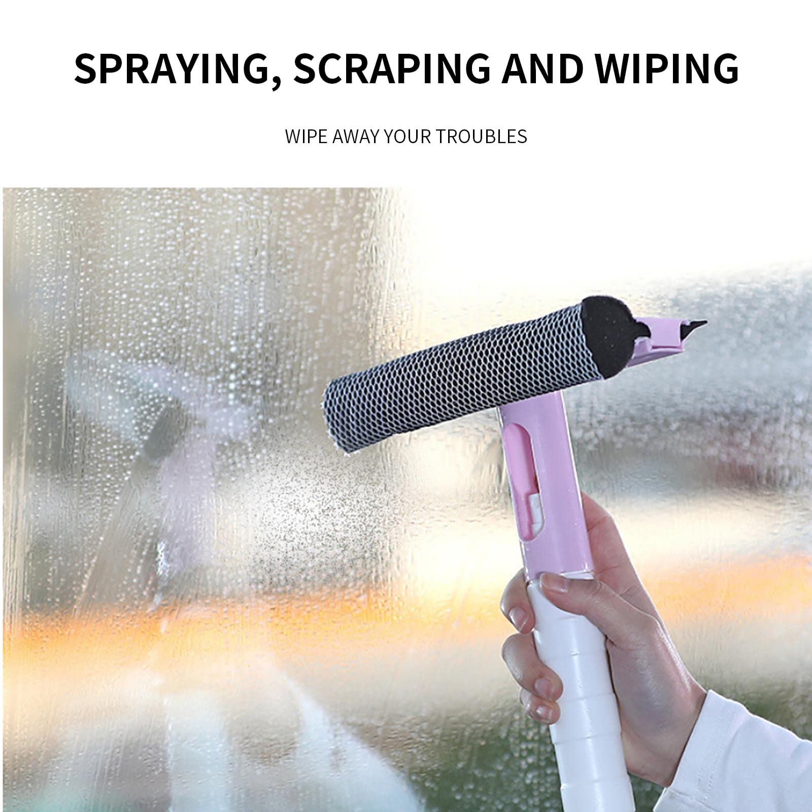 Shower Squeegee for Glass Doors Window Mirror with Sprayer Magic Floor Squeegee Brush Multifunction Household Cleaning Water Scraper for Bathroom Wall Tile Countertop (Pink)