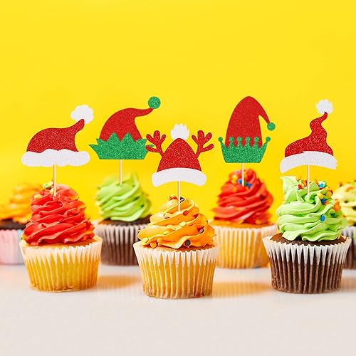 Miniatura 4 de Ercadio Paquete de 25 sombreros de Papá Noel y sombrero de elfo, adornos para cupcakes, sombrero de Papá Noel, adornos para cupcakes, sombreros de