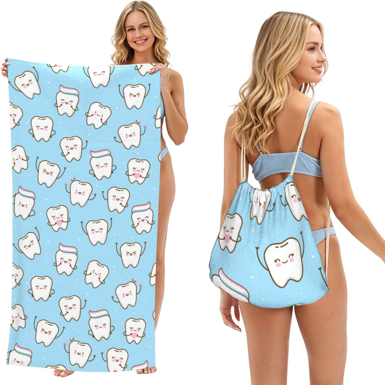 Poadnly As Picture Cute Cartoon Teeth, 2 In 1 Packable Towel Bag, Beach Towels With Drawstring Backpack For Travel Holiday Camping