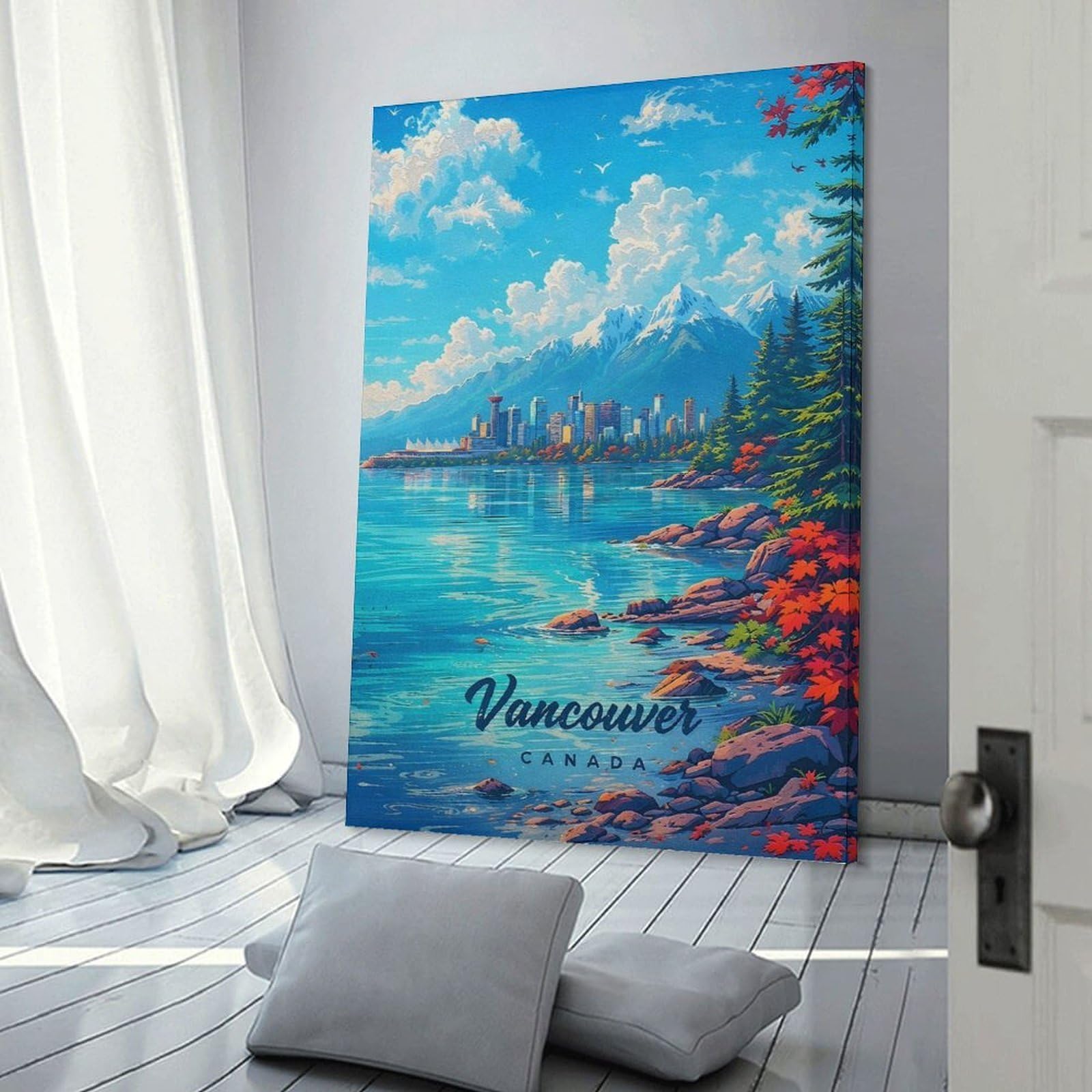 Junmoney Vancouver Cityscape with Mountains And Water Decorative Canvas Print 24x36inch(60x90cm), for Corridors, Hallways Or Apartment Entries, Decorative Wall Art for Narrow Spaces