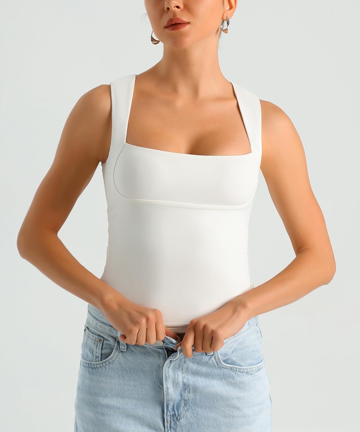 HOYAYO Women's Slim Fit Double-Layer Tank Top Square Neck Sleeveless Basic Fitted Tee Shirt - Image 4