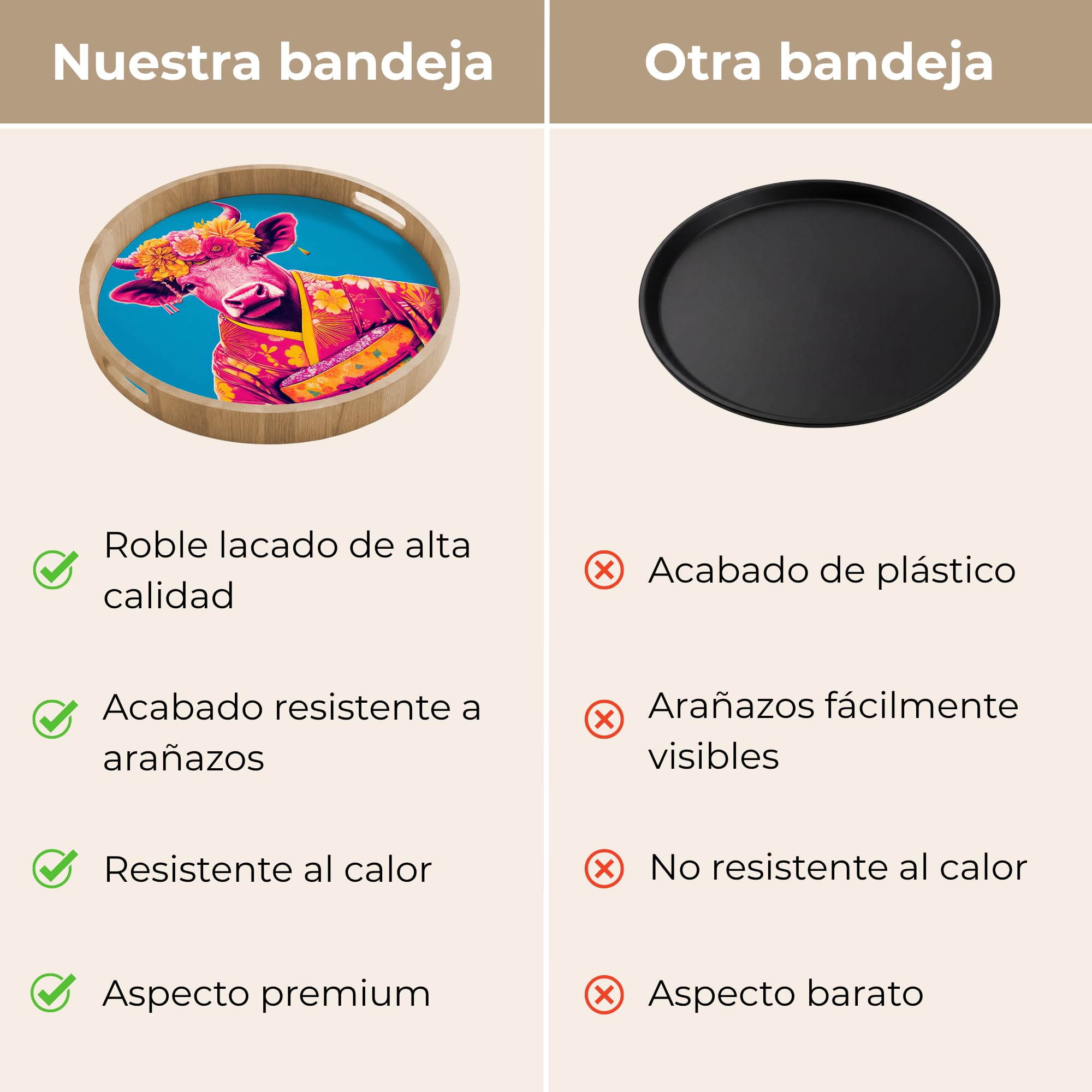 Bandejas De Madera Redonda 50x50 cm Bandeja para Servir Roble Decorativa Resistente A Los Arañazos Tabuleiro Diseño Desayuno Vaca - Corona Flores - Pendientes - Kimono