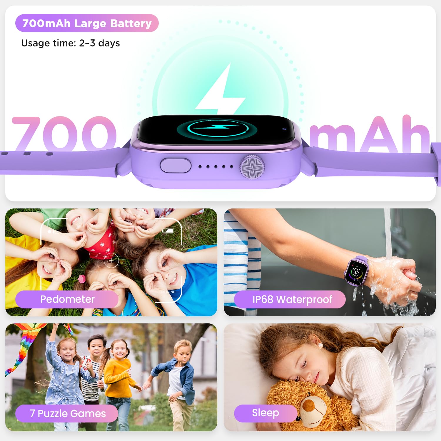 Reloj Inteligente Niño con Videollamada, 4G Smartwatch Niño con GPS y Llamadas, SOS, Chat de Voz, Modo Escuela, Podómetro, Despertador, Monitor de Sueño IP68 Impermeable Regalo para Niños Niñas Morado