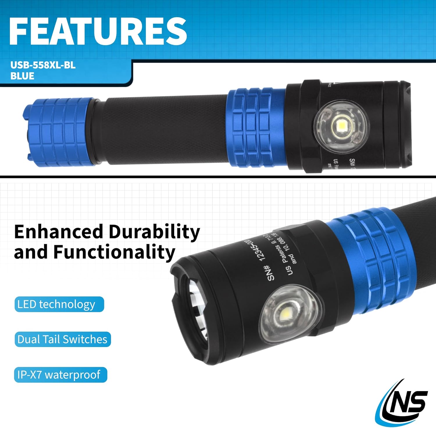 Nightstick USB-578XL-BL Metal Dual-Lightâ„¢ Rechargeable Flashlight - Blue