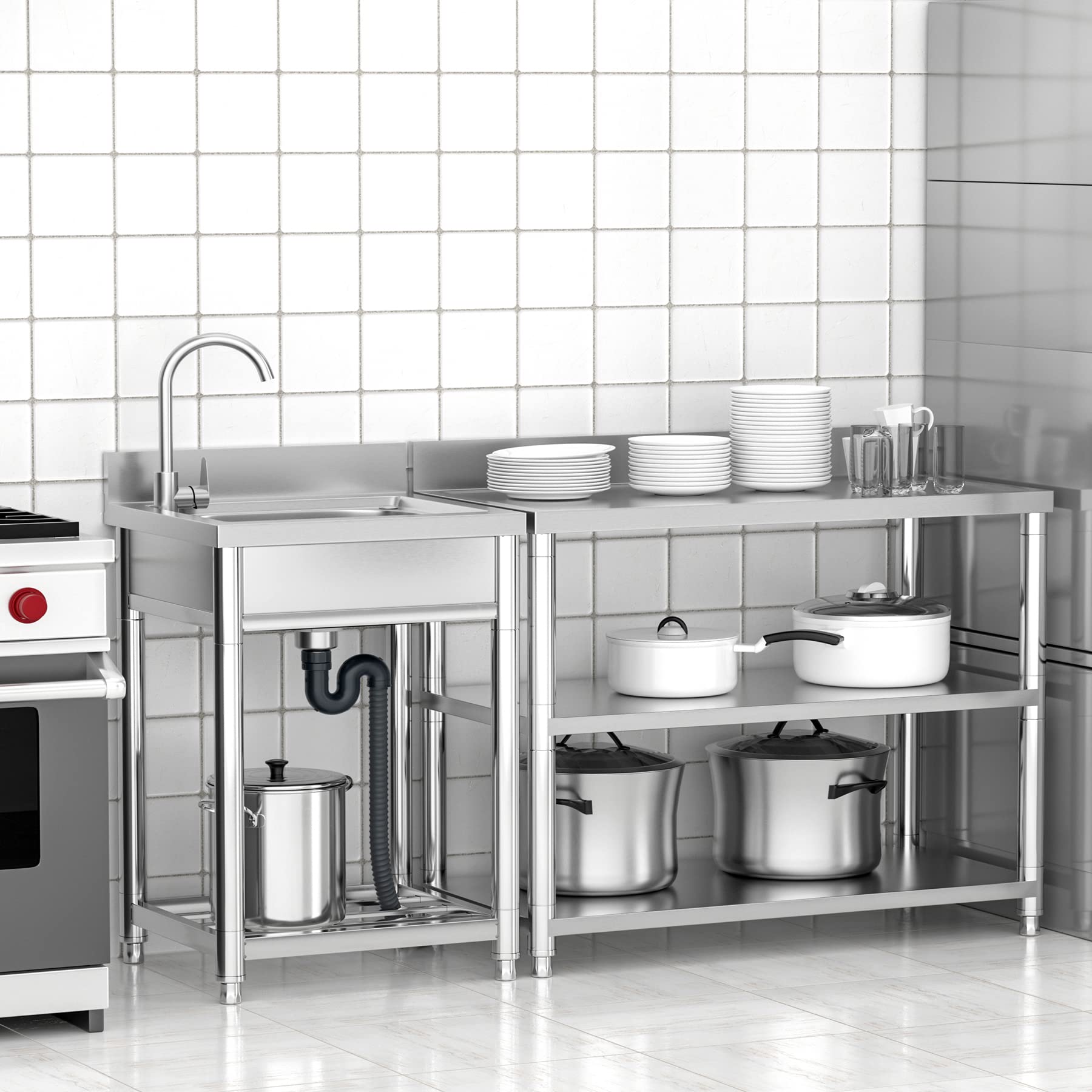 Évier Inox de Cuisine 1 Bac Professionnel, 55 x 50 x 94 cm Évier Inox Autoportant avec Robinet et Accessoires, Évier Extérieur et Intérieur, Plonge Inox pour Cuisine, Restaurant, Garage, Jardin