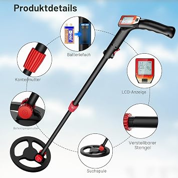 Metal Detector for Children Adjustable Length (16 - 35 inches) Metal Detector LCD Display & Lightweight Metal Detector Children with 6.5 Inch Waterproof Coil Shovel Rake for Recognizing Coins (Red)