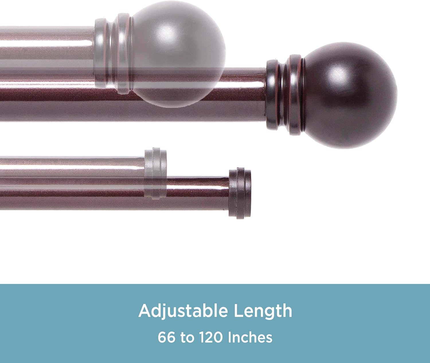 Kenney KN85062 Hamlin Ball End Standard Decorative Window Double Curtain Rod, 66-120" Adjustable Length, Weathered Brown Finish, 1" Diameter Steel Tube