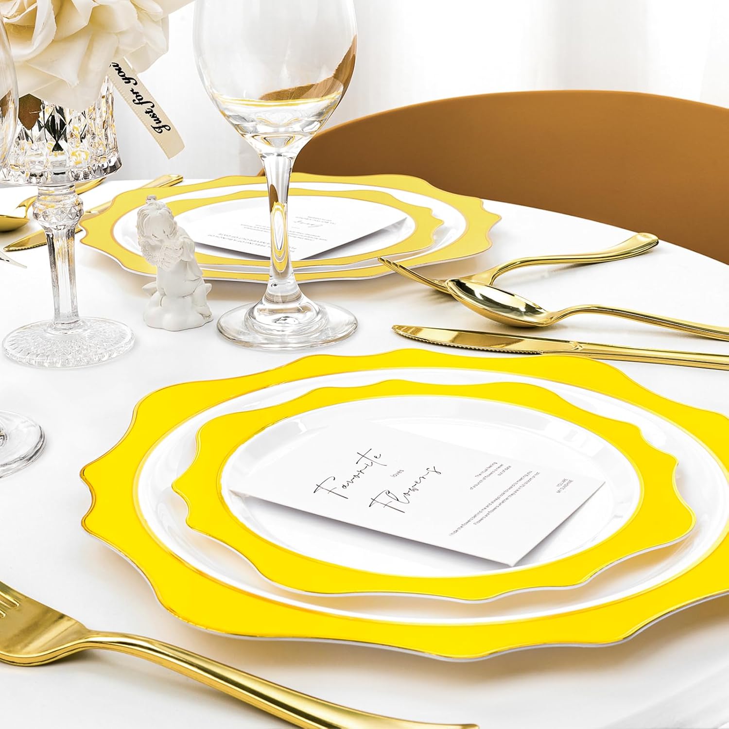 100 PCS White and Yellow Disposable Plates for 50 Guests, Scalloped Plastic Plates Include 50 Dinner Plates and 50 Dessert Plates for Party, Wedding - Image 5