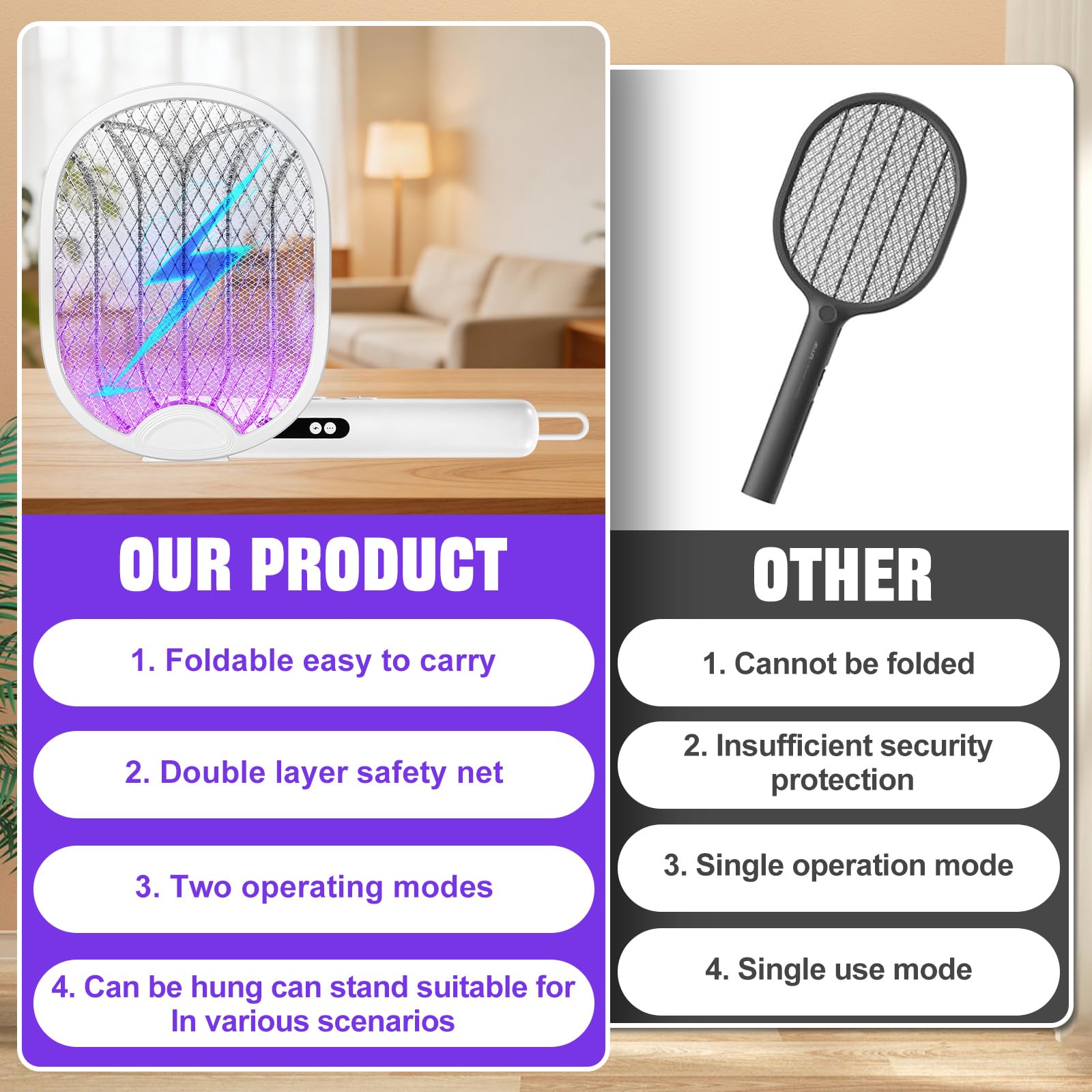 Raquette Électrique Anti Moustiques Pliable 4000V 1800mAh Rechargeable USB-C