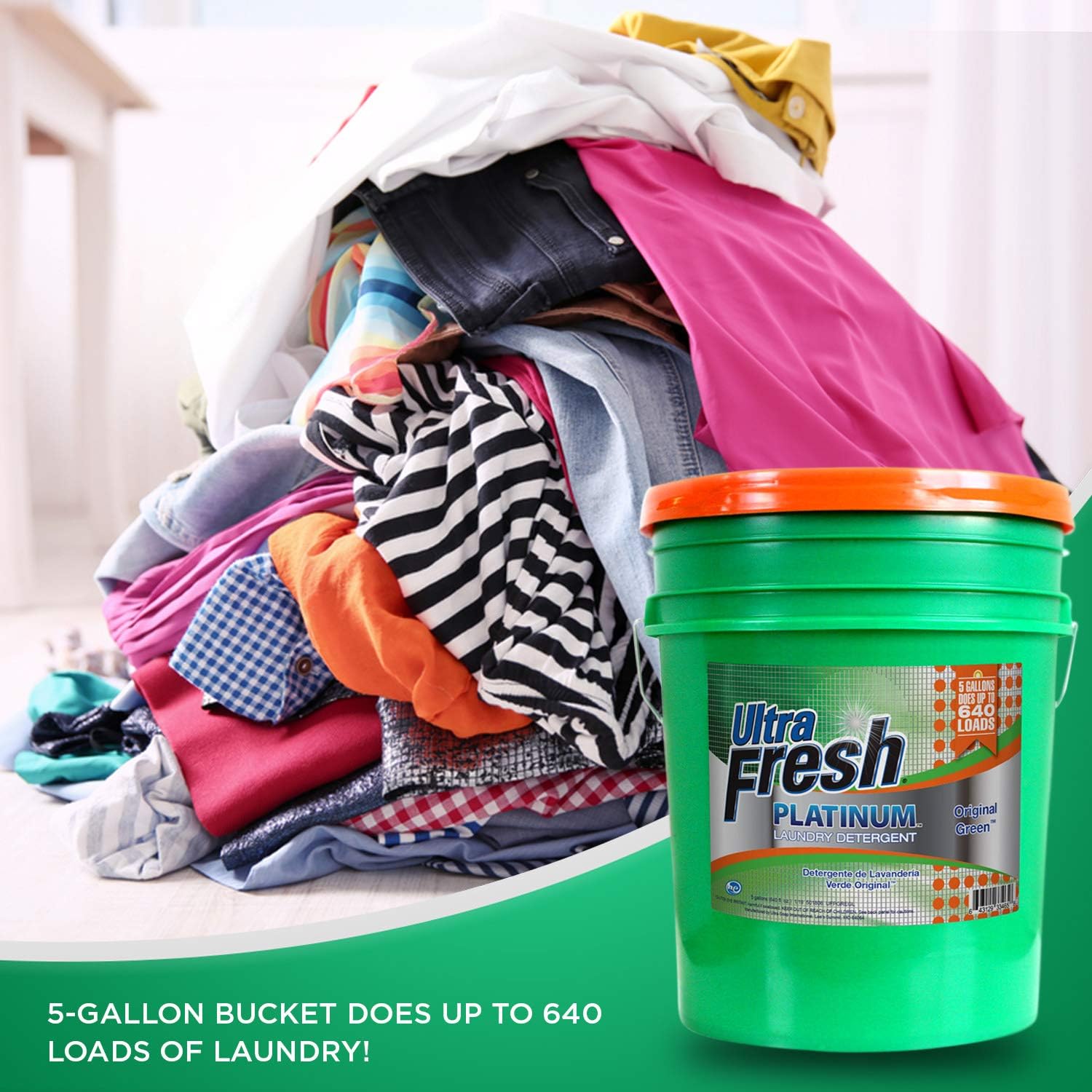 Ultra Fresh Platinum Mango Twist HE Liquid Laundry Detergent. Concentrated: Does up to 640 Loads. Compare to Name Brand Mango Scent Detergent. 5 Gallons (640 oz)