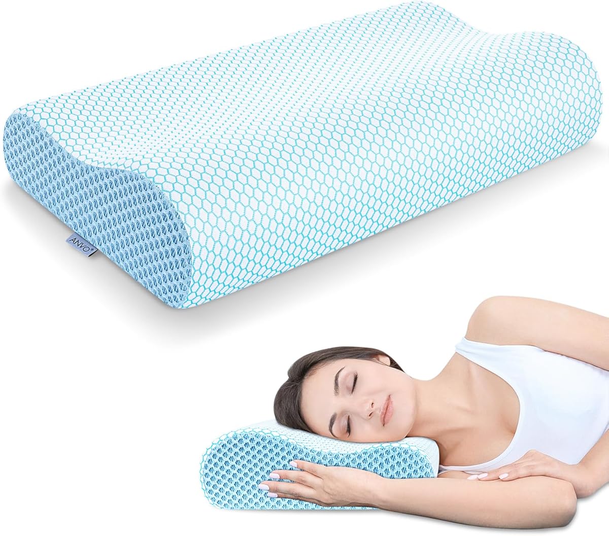 Anvo Memory Foam Pillow, Neck Contour Cervical Orthopedic Bed Pillow for Sleeping Side Back Stomach Sleeper, Ergonomic Design for Neck and Shoulder Pain Relief, Blue White, Firm